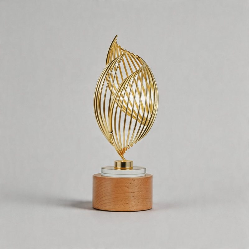 gold plated metal trophy - Gold-Plated Metal Trophy with Beech Wood Accents - Gold-Plated Metal, Beech Wood - Laser Engraving - front view
