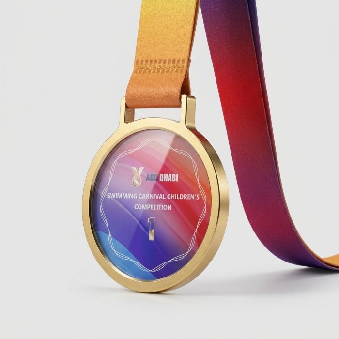 metal crystal medal - Custom Metal & Crystal Medal - Metal & Crystal - Backside Color Printing + Front Engraving - angled view