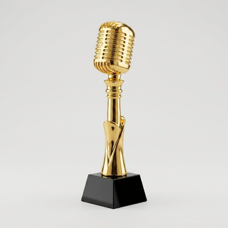 gold microphone trophy - Gold Microphone Trophy - Resin - Electroplating - angled view