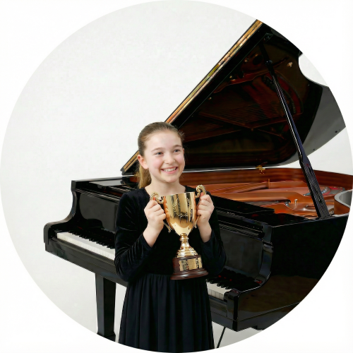 Art Awards圆形展示-白人学生举奖杯-胸前-抓底座-黑色礼服-钢琴背景